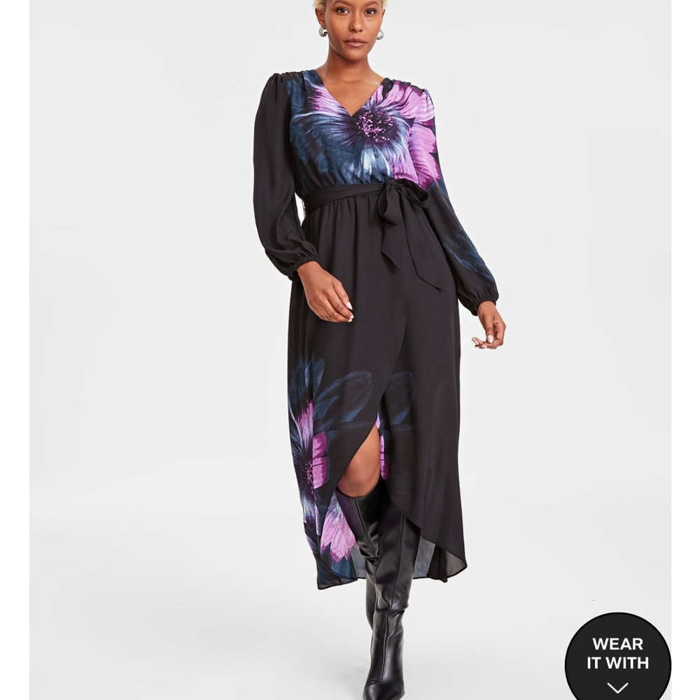 INC tie waist faux wrap dress - Picture 2 of 7